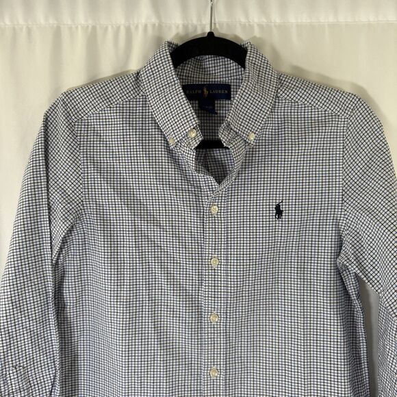 Ralph Lauren Dress Shirt Boy medium 10 12 White Blue Plaid Button Up Long Sleeve - Picture 2 of 9